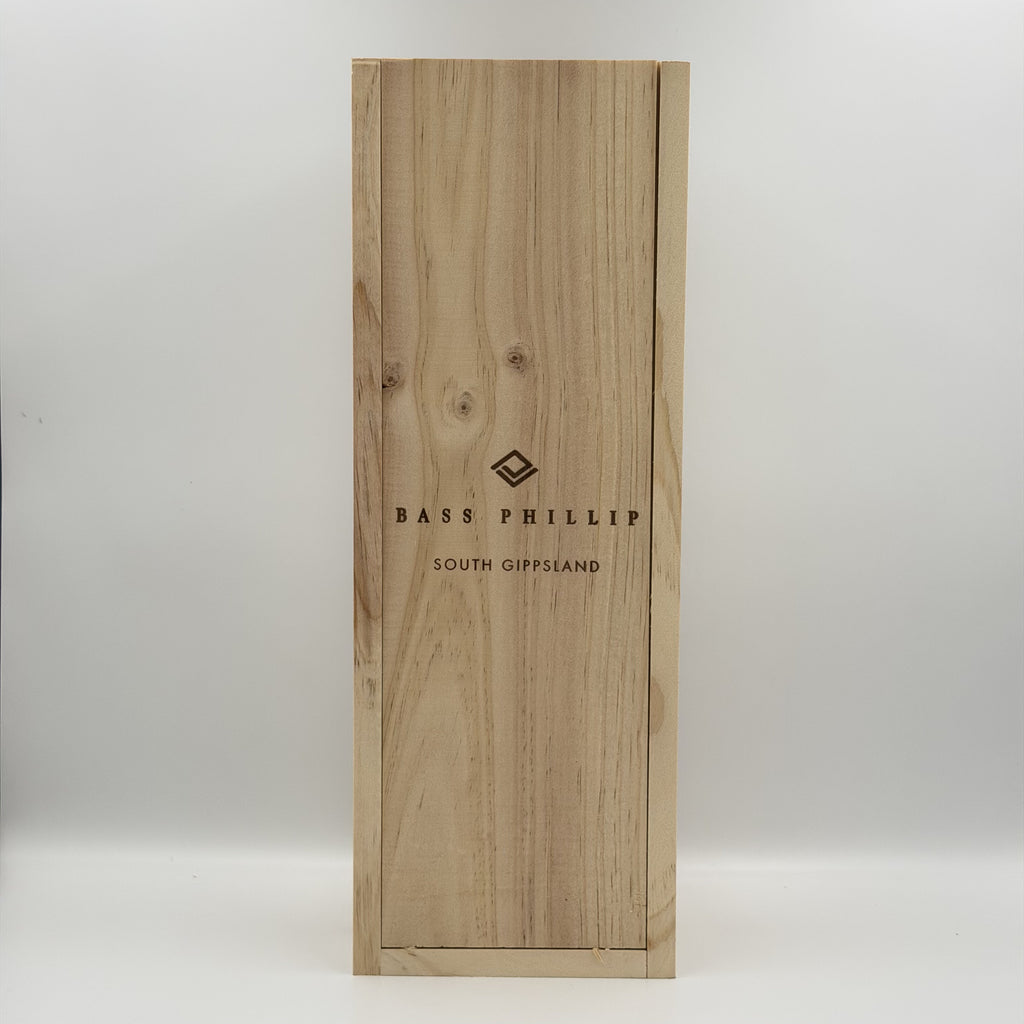 Wooden wine box with 'Bass Phillip South Gippsland' branding on a white background