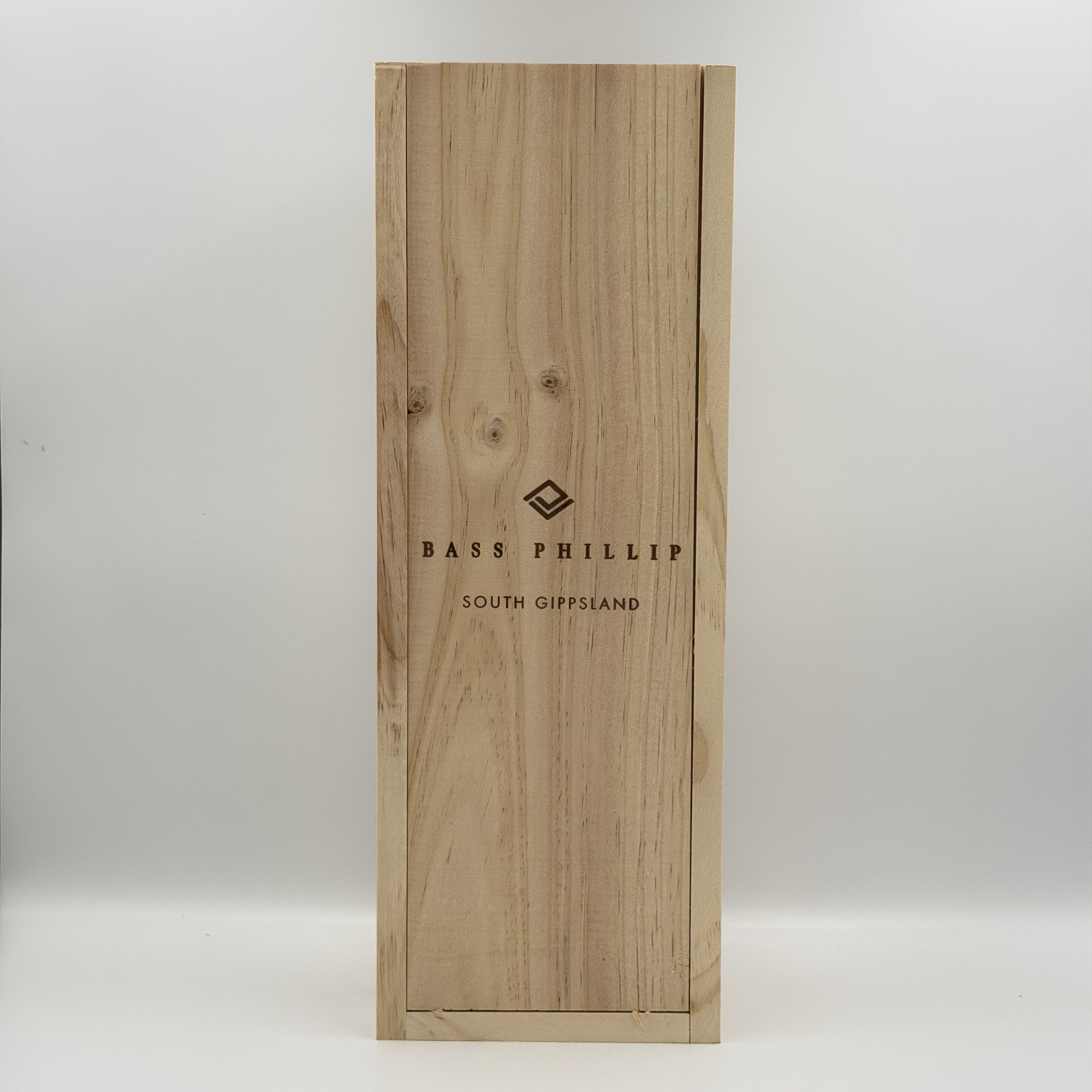 Wooden wine box with 'Bass Phillip South Gippsland' branding on a white background