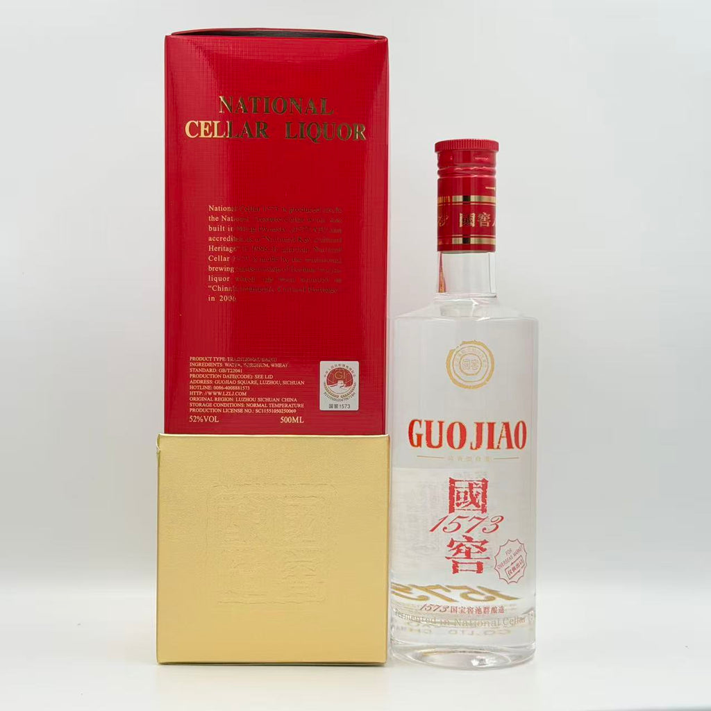 Bottle of Guojiao liquor with red and gold packaging on a white background